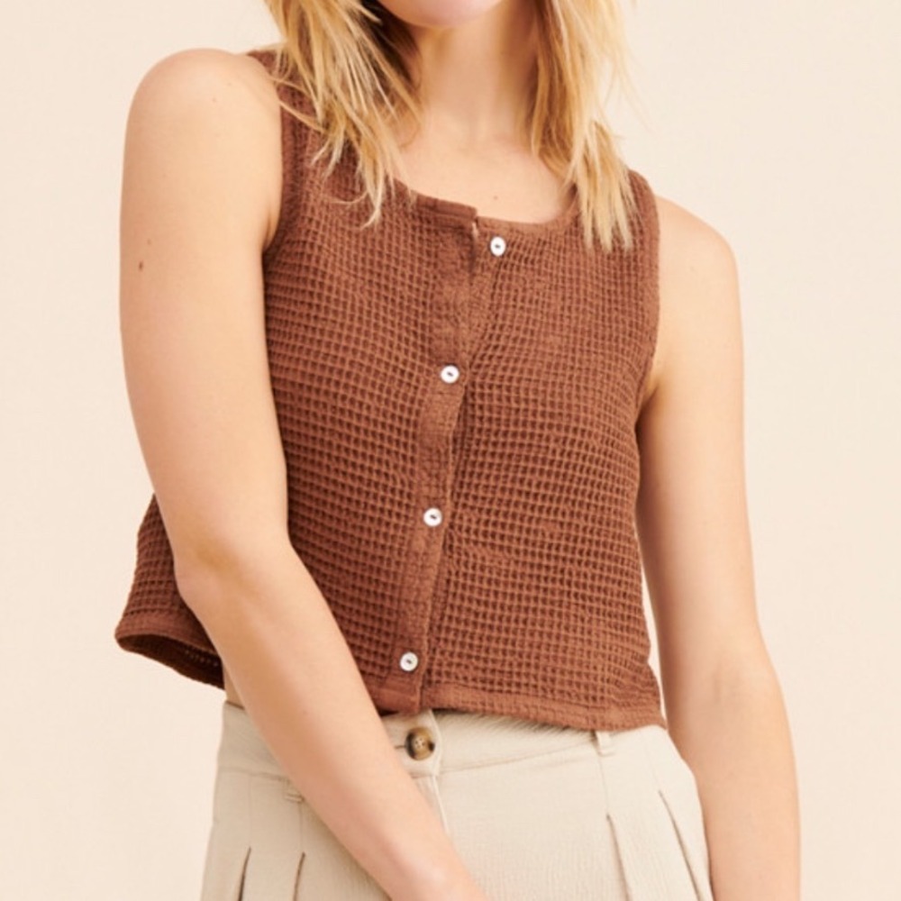 DONNI Womens Vest XS Brown Waffle Knit Cotton Button Front Cropped Minimalist